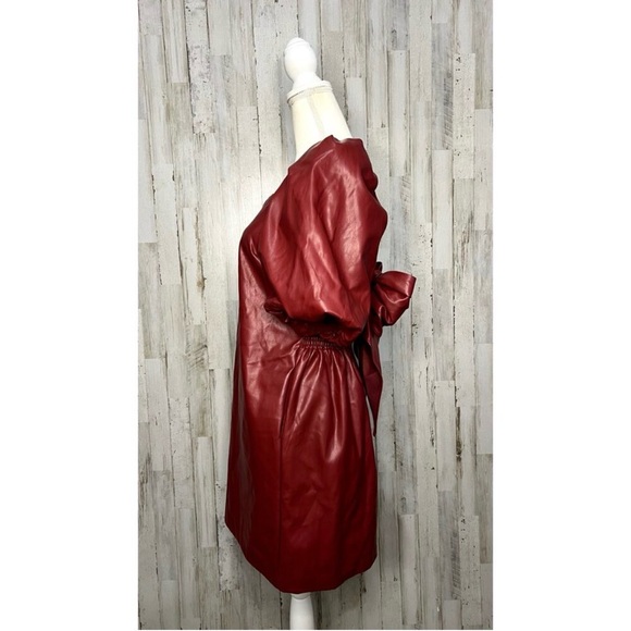 Anthropologie Faux Leather Red Mini Dress Bow-Back Detail Medium Holiday Festive - Picture 4 of 8